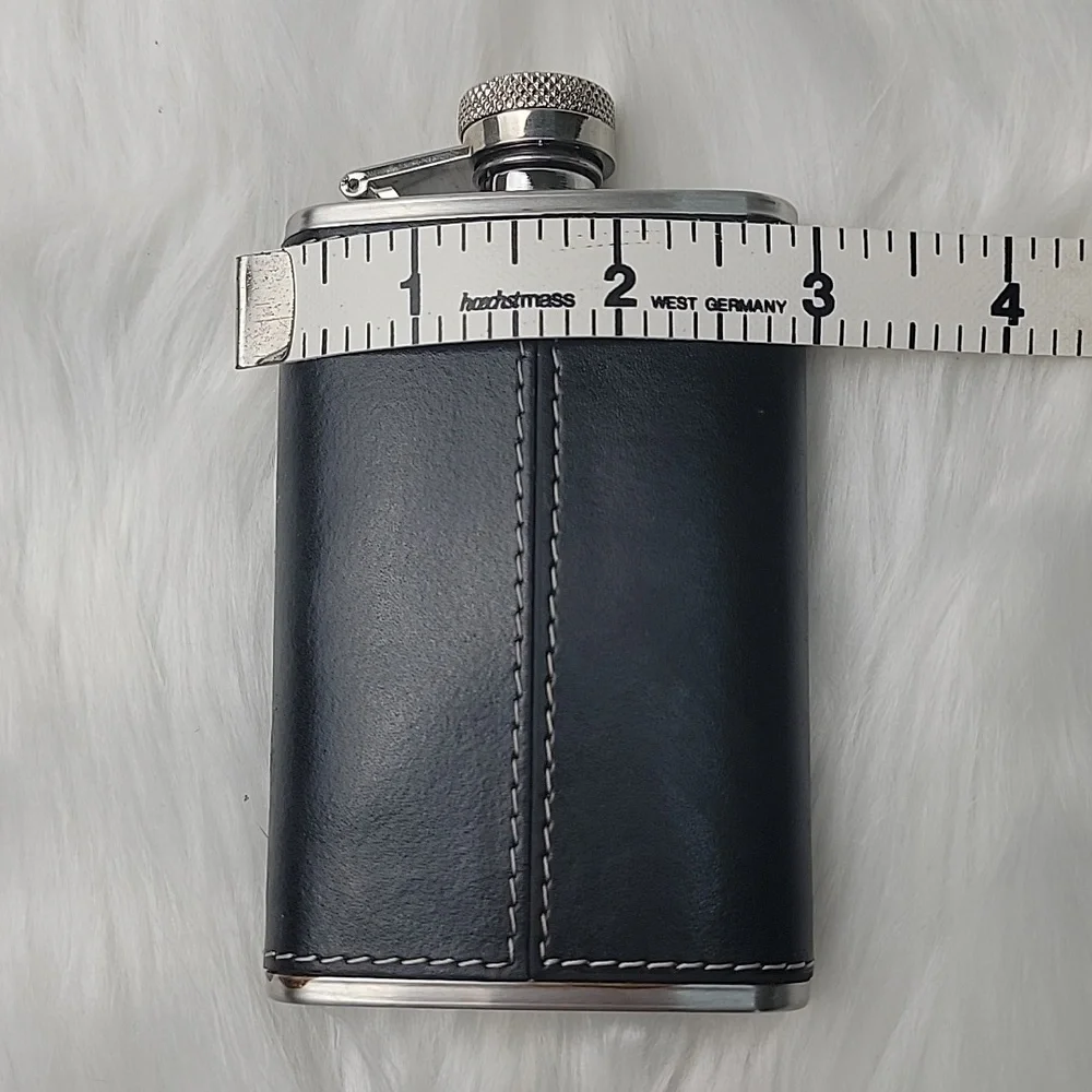Black Faux Leather Contrast White Stitching Stainless Steel 3.5 oz. Pocket Flask